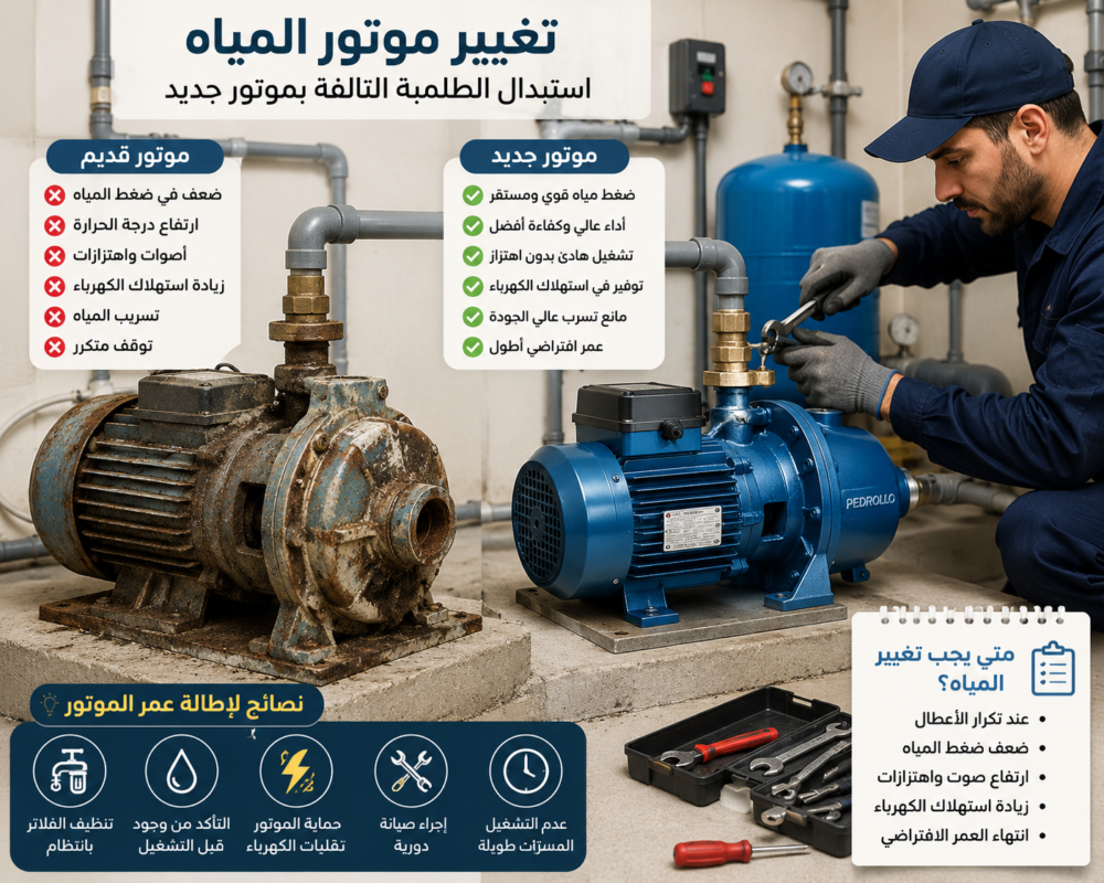 تغيير موتور المياه واستبدال الطلمبة التالفة.