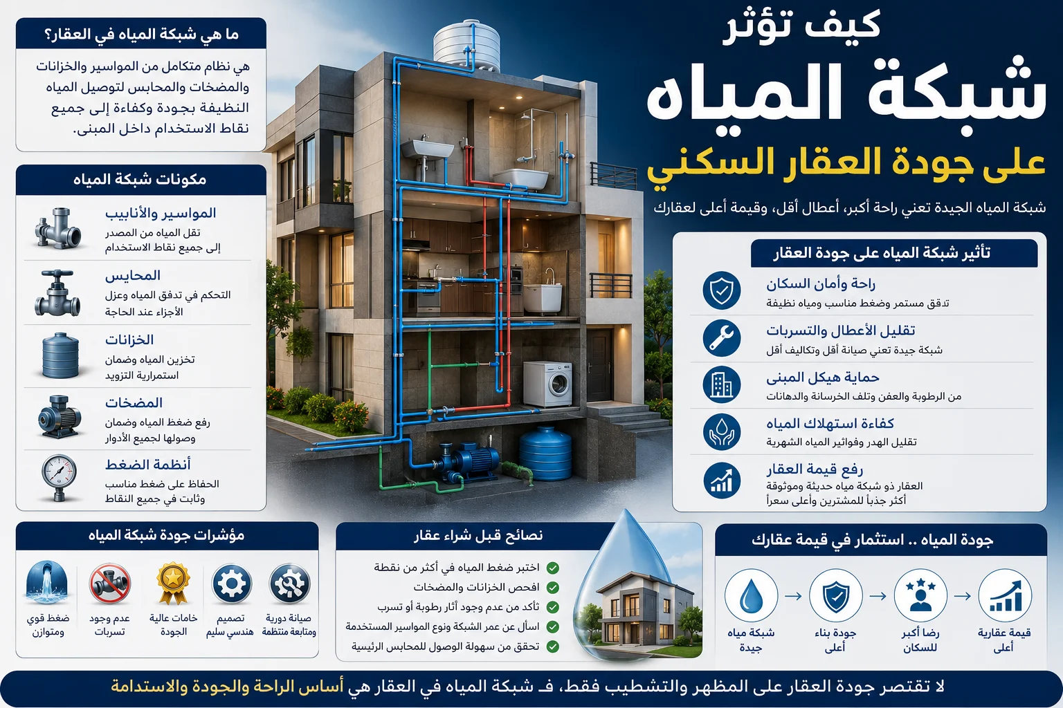 منزل سكني يوضح شبكة المياه الداخلية وتأثيرها على جودة البناء وقيمة العقار.